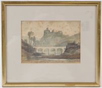 SAMUEL JOHN LAMORNA BIRCH (1869-1955) River landscape with stone bridge and hilltop ruins beyond