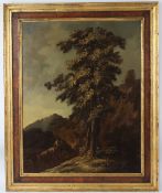 CONTINENTAL SCHOOL (19TH CENTURY) Drover and cattle on a mountain path with trees, oil on panel,