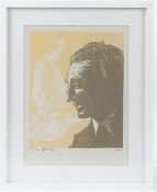 JACOB PINS (1917-2005) 'Jack checking Eishi' Portrait of Jack Hillier woodcut print 2/45 signed in