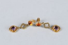 A PAIR OF 18CT GOLD, AMETHYST AND CITRINE EARRINGS.