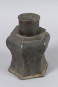 A CHINESE HEXAGONAL PEWTER TEA CADDY. 14cm