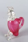 A SMALL RUBY GLASS AND PLATE PARROT JUG. 4.5ins high