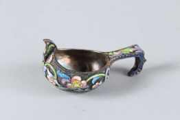 A SMALL RUSSIAN SILVER AND ENAMEL KOVSH. 8cms long