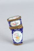 A GOOD 18TH CENTURY ENAMEL ETUI, blue ground with panels of flowers and container for implements.