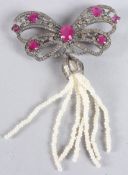 A GOOD DIAMOND, RUBY AND PEARL BUTTERFLY BROOCH