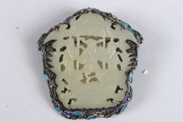 A CHINESE CARVED JADE AND ENAMEL SILVER BROOCH