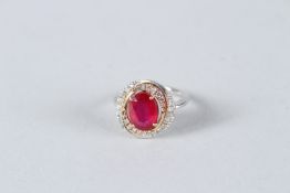 A GOOD 18CT WHITE GOLD, RUBY AND DIAMOND CLUSTER RING