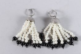 A PAIR OF SILVER, PEARL AND ONYX DROP EARRINGS.