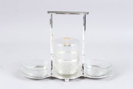 A SILVER PLATED AND GLASS JAM SET