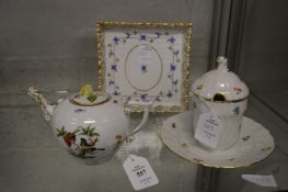 A Herend porcelain small teapot (faults) together with a preserve jar and cover and a small square