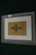A single bronze crucifix on a framed mount.