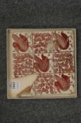 A William de Morgan lustre tile, depicting birds and fauna, Landsend Pottery stamp verso (faults,