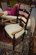 A good set of eight 19th century ash and rush seated ladderback dining chairs, two with arms.