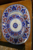 A Staffordshire meat dish and pair of matching plates.