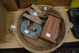 Carved wood bowl and other items.