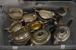 Large quantity of silver plated teapots, coffee pots, sugar bowls, milk jugs etc.