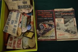 Motoring interest, quantity of Brooklands sleeve and card badges and other motoring ephemera.