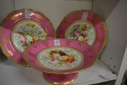 Floral decorated comport and pair of matching plates.