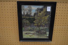 Circle of W S McGeorge, corner of a garden, oil on canvas board, inscribed verso.