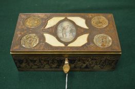 Decorative Continental silver plated jewellery box with central inlaid oval ivory panel depicting