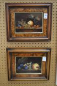 Still life of fruit on a ledge, oil on board in decorative wooden frames, a pair.
