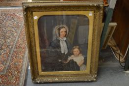 Victorian gilt framed portrait depicting a mother and daughter, possibly over a photographic base.