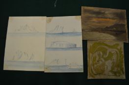 A group of small unframed paintings.