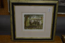 Two colour prints, one depicting sheep the other geese.