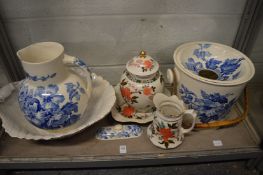 Decorative china to include a large blue and white jug, shell shaped bowl etc.
