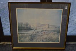 Arthur Twells, figures by a castle, colour print.