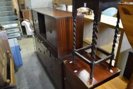 An oak occasional table, storage chest, sideboard and TV stand.