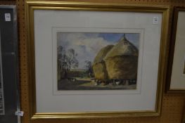 John Atkinson, farmyard with haystacks and chickens, watercolour.