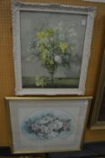Vernon Ward, flowers in a glass vase, colour print and another print.