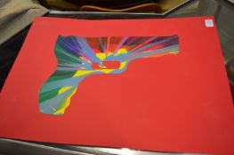 In the manner of Damien Hirst, a spin painting depicting a gun.