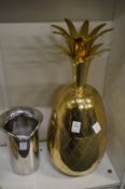 Brass pineapple shaped ice bucket together with a plated bottle cooler.