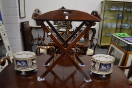 A mahogany butlers tray on stand.