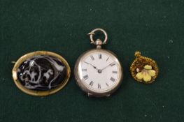 Silver pocket watch, decorative brooch etc.