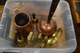 Copper and brass ware to include bell weights and a large tankard.