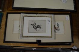 A small ink or watercolour wash depicting polo player on horseback together with a set of four