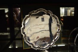A silver plated salver polo trophy with original box.