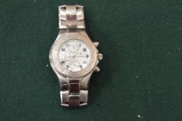 Stainless steel chronograph style wristwatch with mother of pearl face.