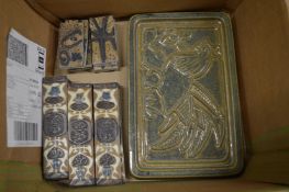 Continental pottery plaque depicting a cockerel together with Copenhagen porcelain plaques.