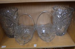 A pair of moulded glass baskets and a large pair of moulded glass vases.