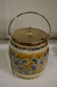 A small Doulton barrel shaped preserve pot with plated mounts.