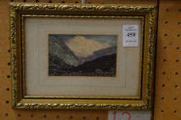 Manner of John Ruskin, Alpine village with distant glazier, watercolour.