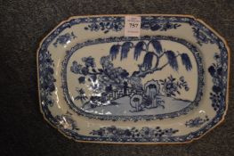 A Chinese blue and white elongated octagonal shaped shallow dish, rim chipped.
