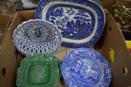 A willow pattern dish, cabbage ware plates etc.
