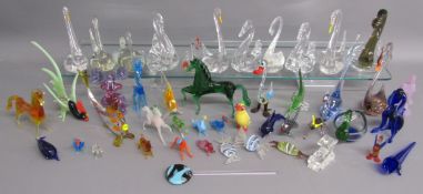 Collection of lampwork style glass animals includes swans, cockerels, horses, sweets etc