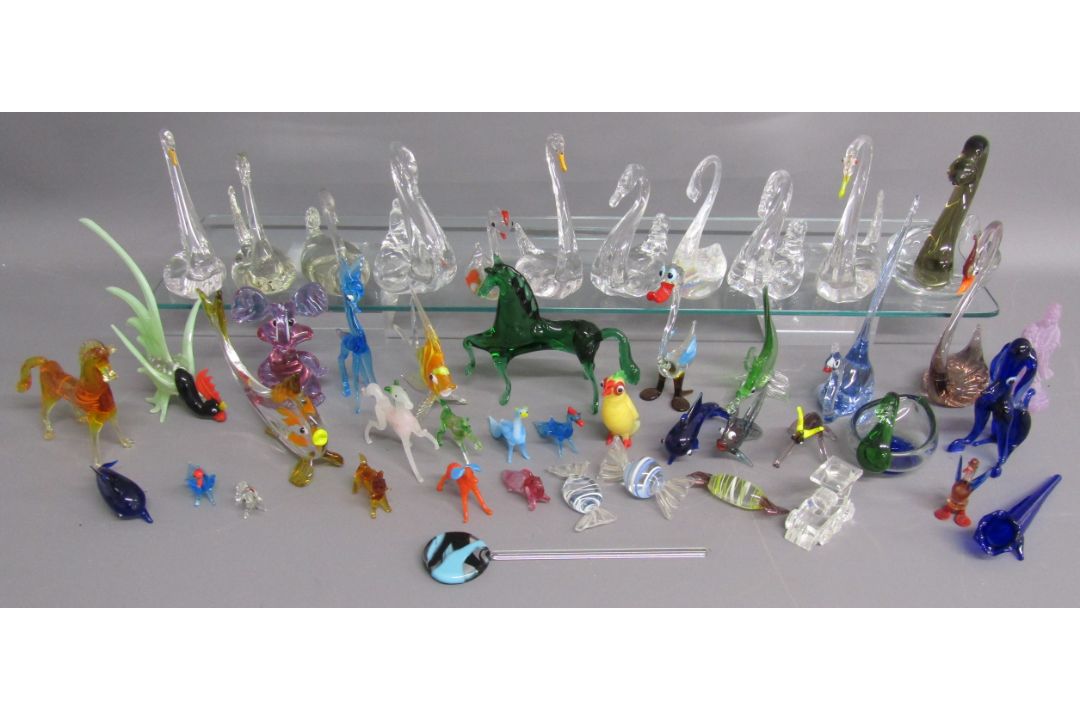 Collection of lampwork style glass animals includes swans, cockerels, horses, sweets etc - Image 1 of 7