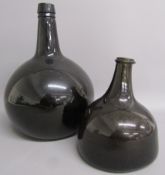 Large green glass onion bottle approx. 28cm tall (has hole) and small onion bottle with string ridge